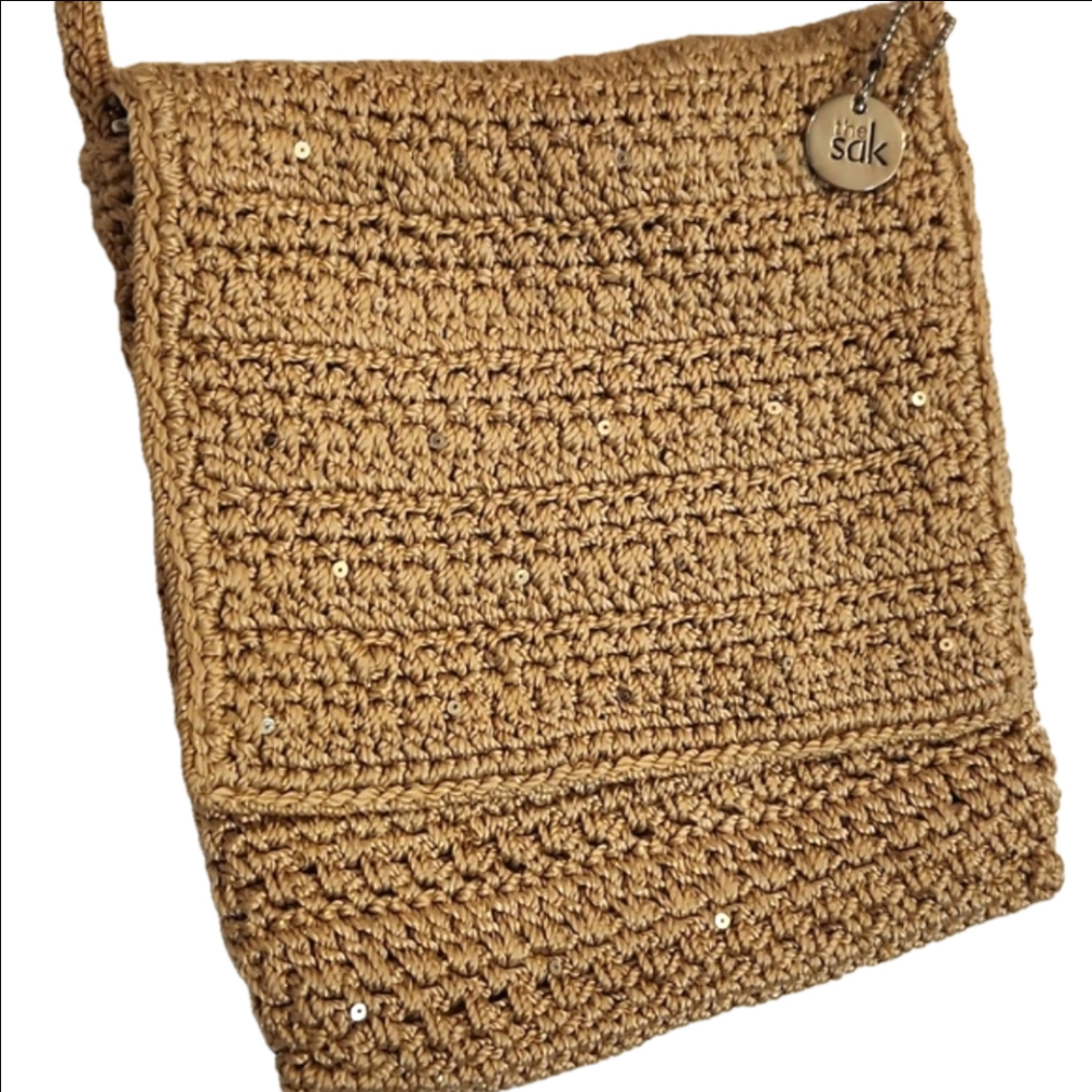 Womens The Sak tan woven gold sequin sparkly crossbody bag.